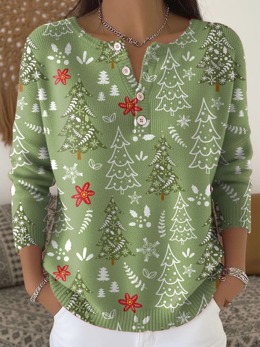 Women's Vintage Christmas Tree Art  Print Long-sleeve Sweater