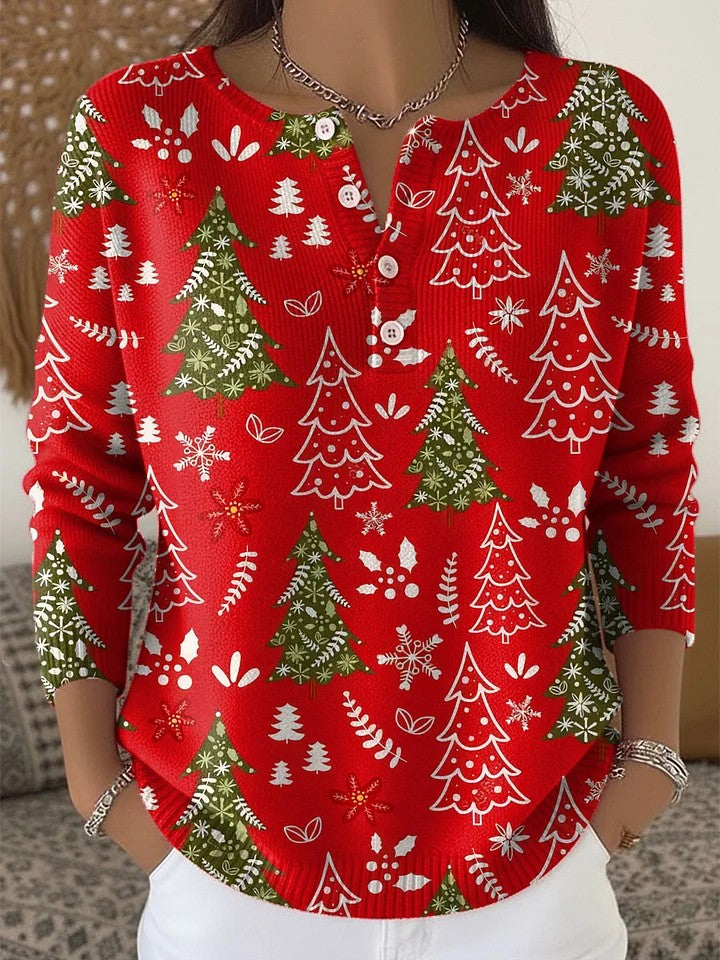 Women's Vintage Christmas Tree Art  Print Long-sleeve Sweater