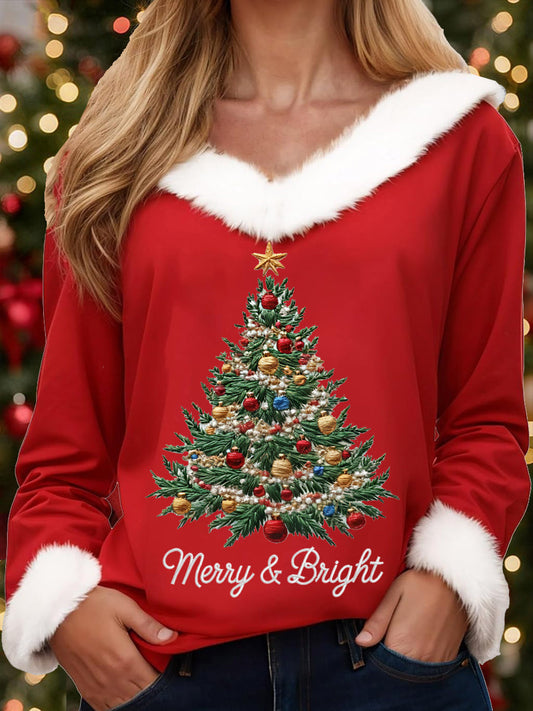 Women's Merry And Bright Christmas Tree Print Casual Fur-Collar Top