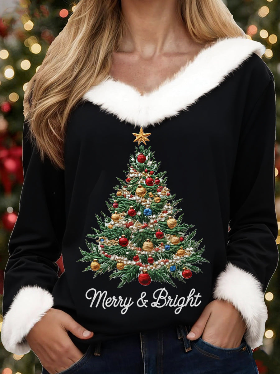Women's Merry And Bright Christmas Tree Print Casual Fur-Collar Top