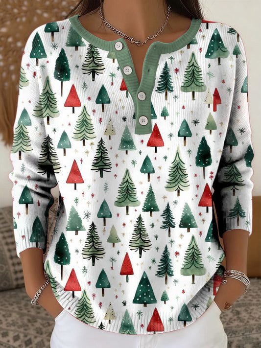 Women's Vintage Christmas Tree Art  Print Long-sleeve Sweater