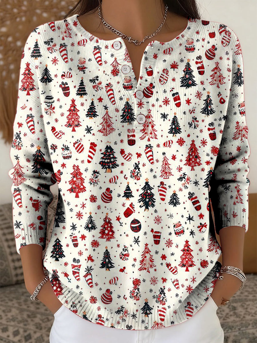 Women's Vintage Christmas Tree Art  Print Long-sleeve Sweater