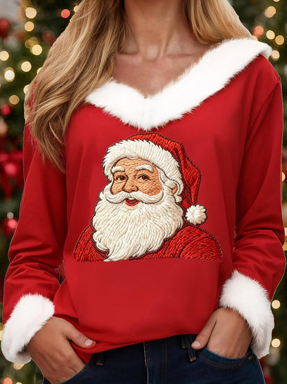 Women's Christmas Santa Claus Print Casual Fur-Collar Top