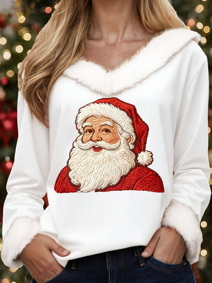 Women's Christmas Santa Claus Print Casual Fur-Collar Top