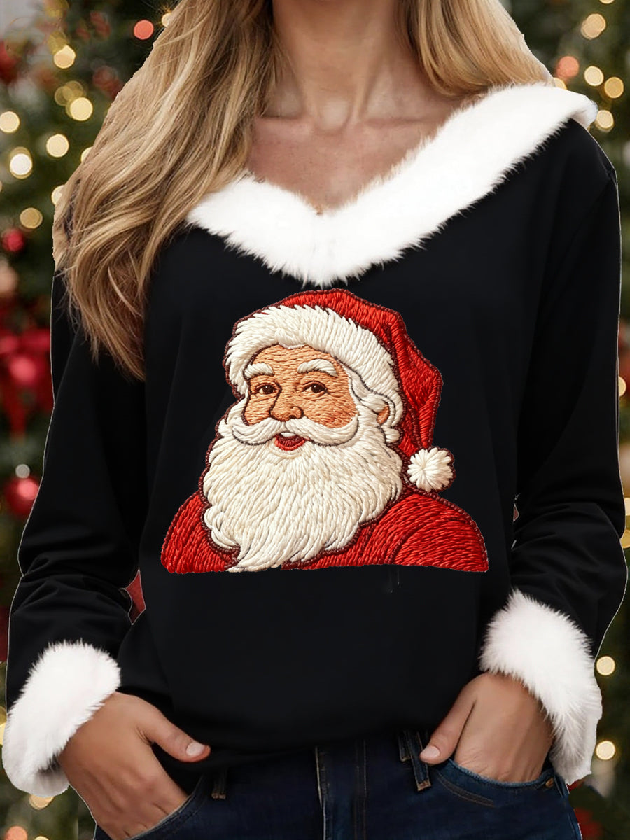 Women's Christmas Santa Claus Print Casual Fur-Collar Top