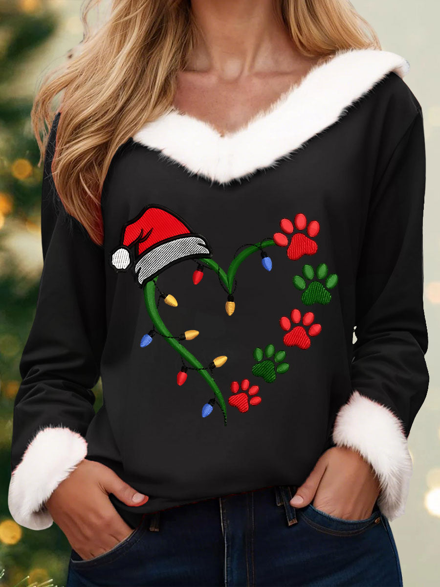 Women's Christmas Animal Paw Print V-Neck Tops