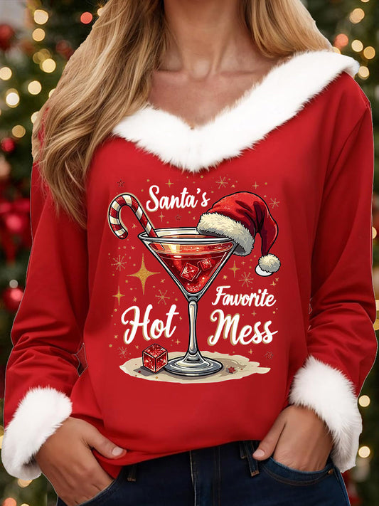 Women's Funny Christmas Santa‘s Favorite Hot Mess Print Casual Fur-Collar Top