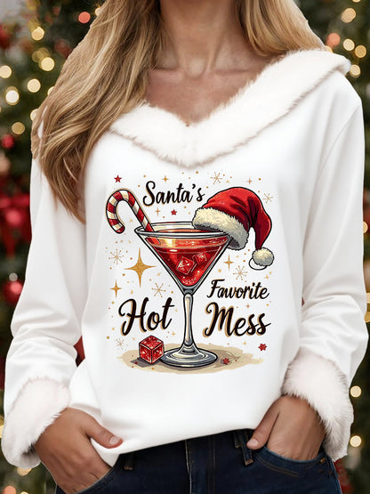 Women's Funny Christmas Santa‘s Favorite Hot Mess Print Casual Fur-Collar Top
