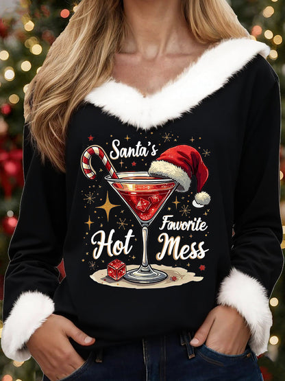 Women's Funny Christmas Santa‘s Favorite Hot Mess Print Casual Fur-Collar Top