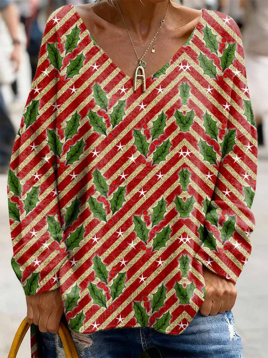 Retro Christmas Print Casual Long Sleeved Top