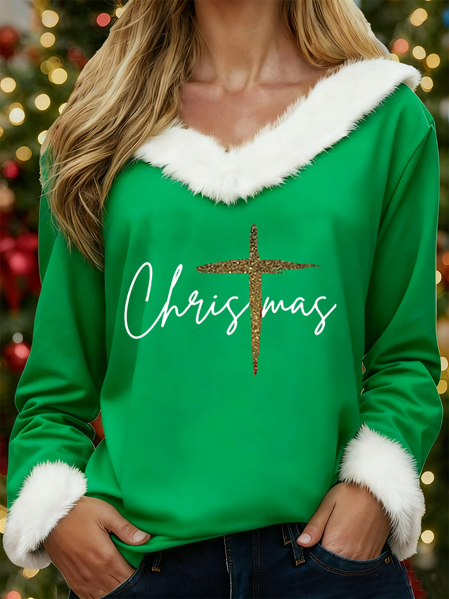 Women's Merry Christmas Christmas Cross Print Casual Fur-Collar Top
