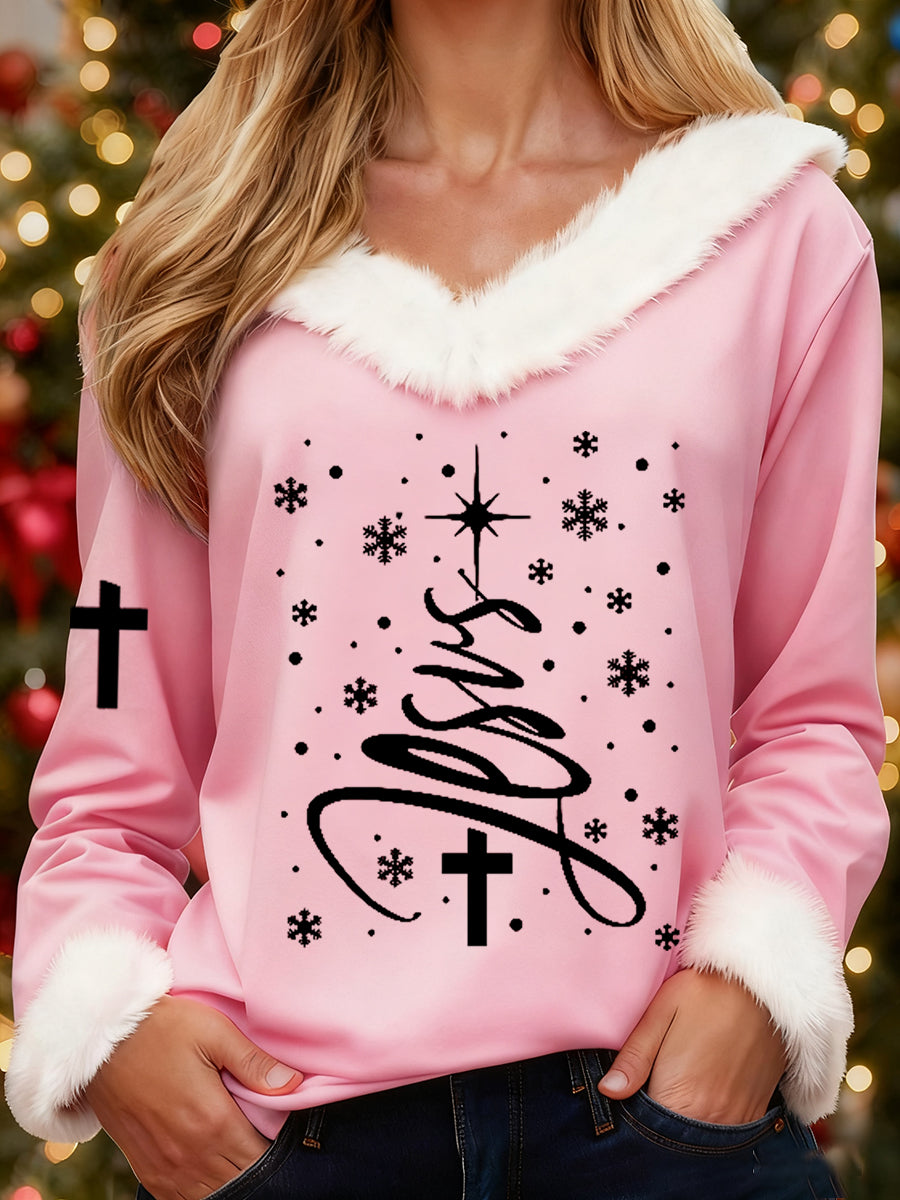 Women's Jesus Christmas Tree Cross Print Casual Fur-Collar Top