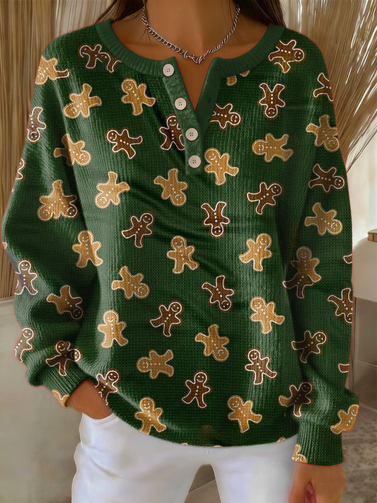 Women's Retro Christmas Gingerbread Man Art Print Long-sleeve Sweater