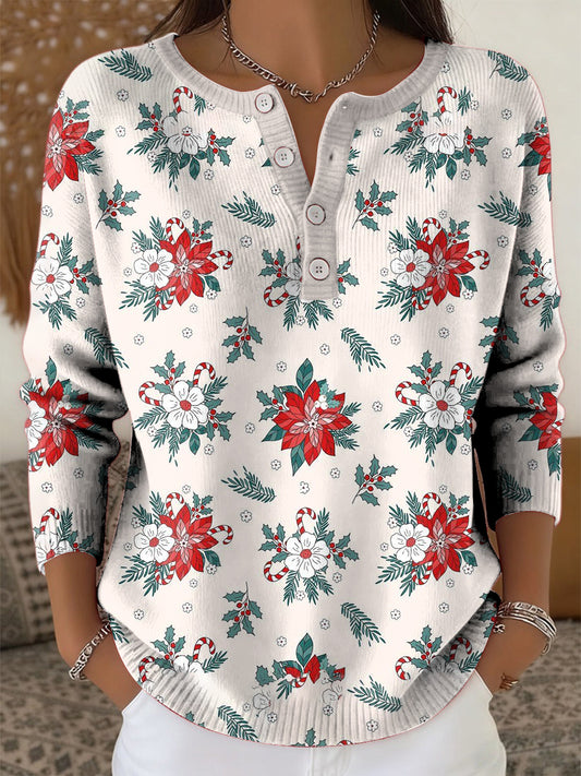 Women's Vintage Christmas Tree Floral Art Print Long-sleeve Sweater