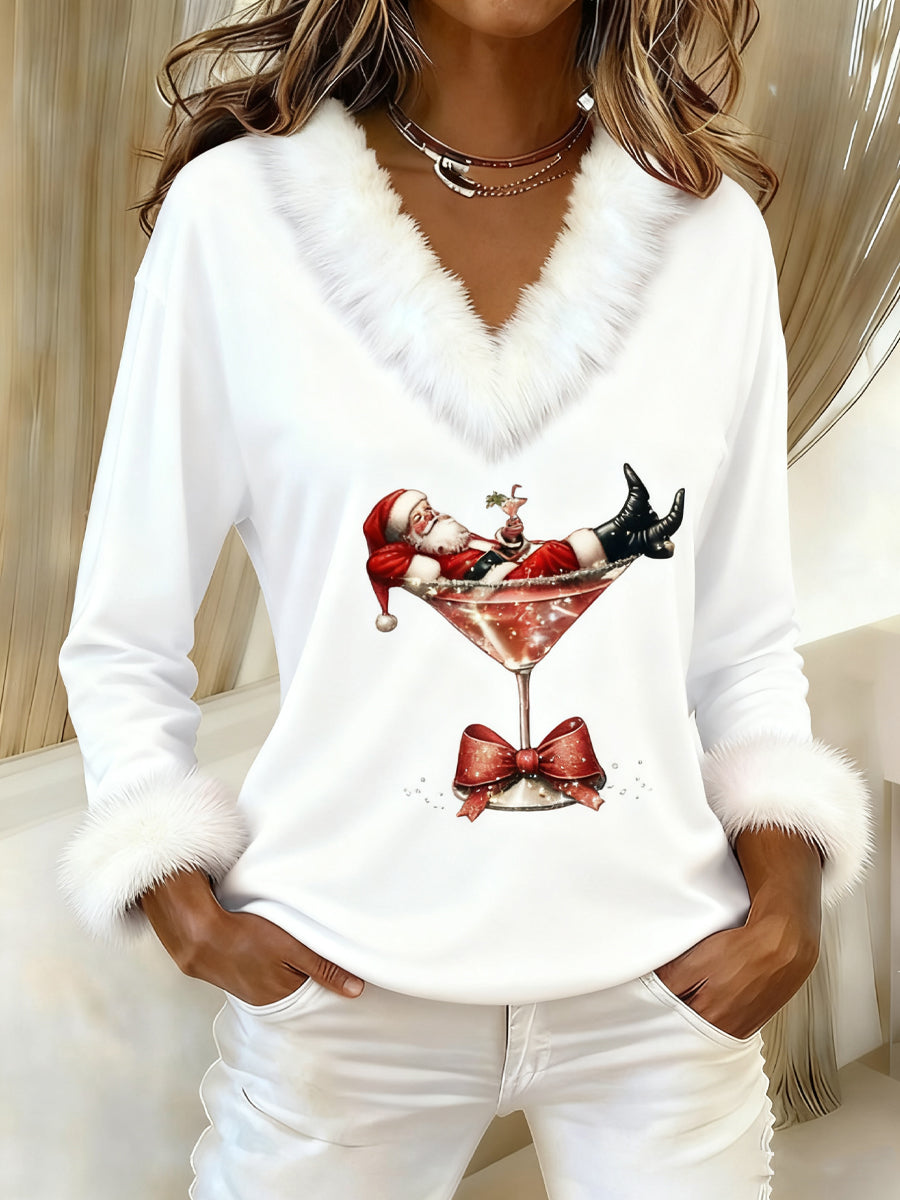 Women's Santa Claus sitting on a red wine glass printed fur collar top