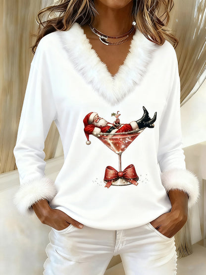 Women's Santa Claus sitting on a red wine glass printed fur collar top