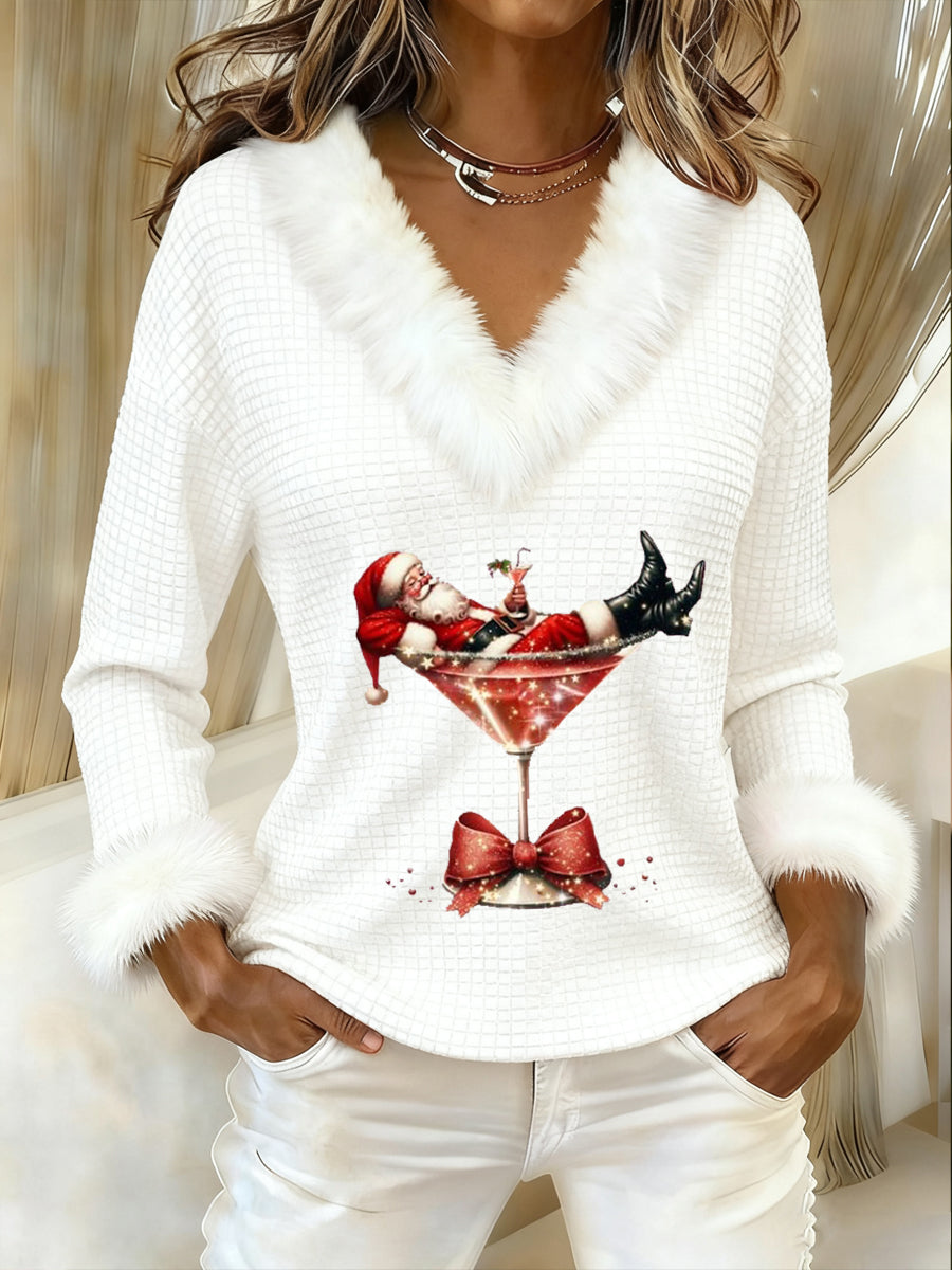 Women's Santa Claus sitting on a red wine glass printed fur collar Square fabric top
