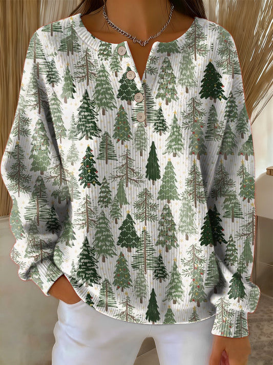 Women's Retro Christmas Tree Art Print Long-sleeve Sweater