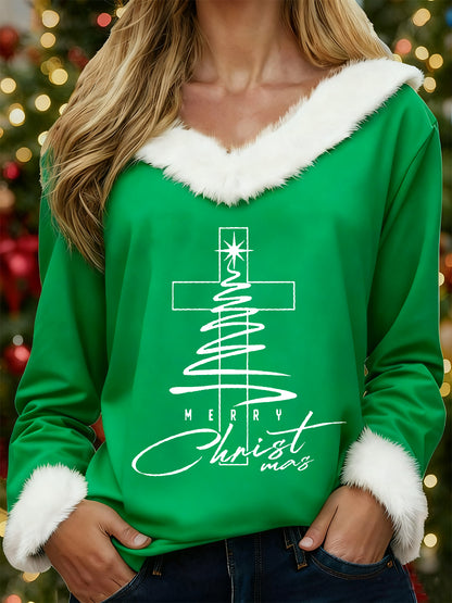 Women's Merry Christmas  Jesus Christmas Tree Cross Print Casual Fur-Collar Top
