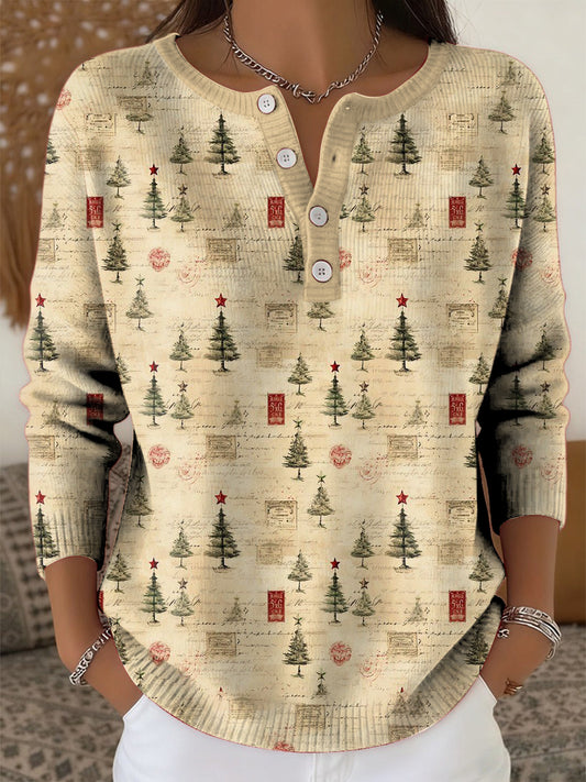 Women's Retro Christmas Tree Art Print Long-sleeve Sweater