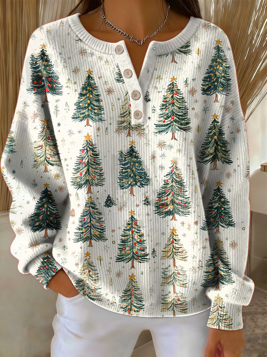 Women's Retro Christmas Tree Art Print Long-sleeve Sweater