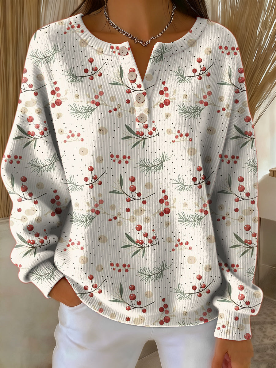 Women's Vintage Christmas Floral Art Print Long-sleeve Sweater