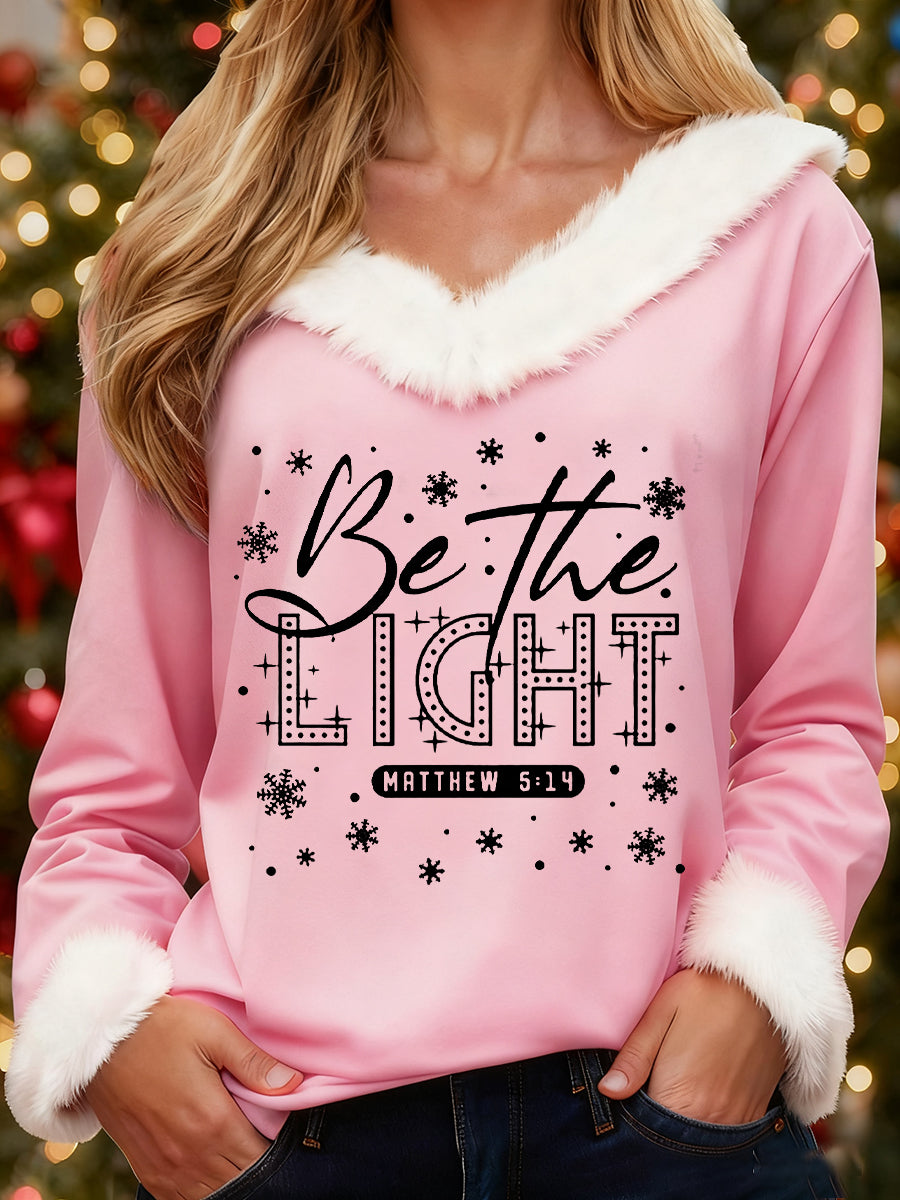 Women's Merry Christmas  Be The Light  Cross Print Casual Fur-Collar Top