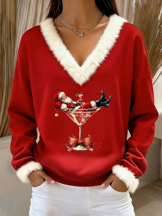 Women's Santa Claus sitting on a red wine glass printed fur collar top
