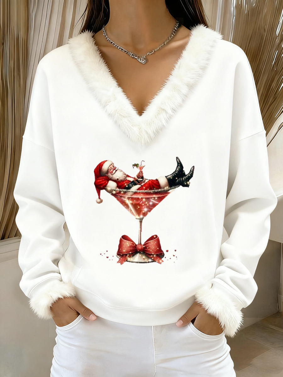 Women's Santa Claus sitting on a red wine glass printed fur collar top