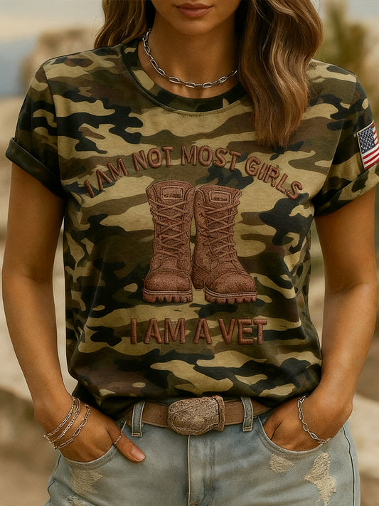Women's Veteran Art Print Casual Short Sleeve T-Shirt