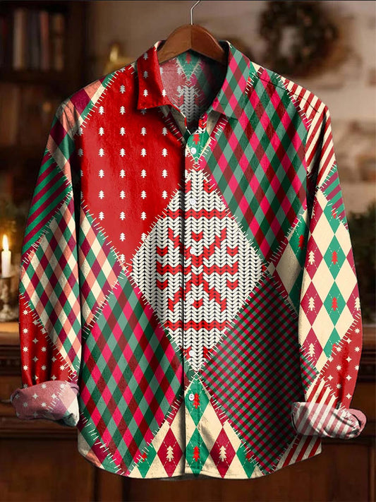 Christmas Patchwork Print Casual Long-Sleeve Shirt