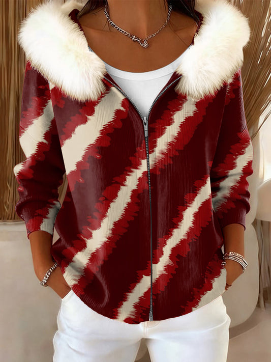Women's Christmas Striped Fur-Trimmed Hooded Jacket