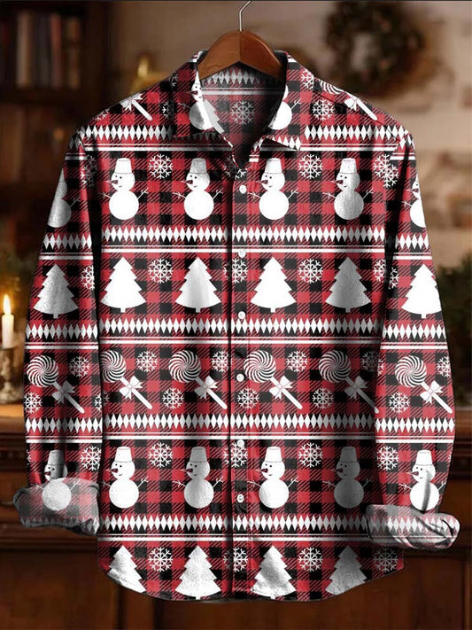 Christmas Snowman Christmas Tree Plaid Print Casual Long-Sleeve Shirt