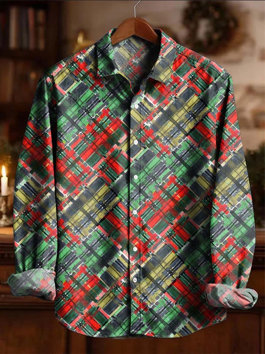 Christmas Color-Block Striped Print Casual Long-Sleeve Shirt