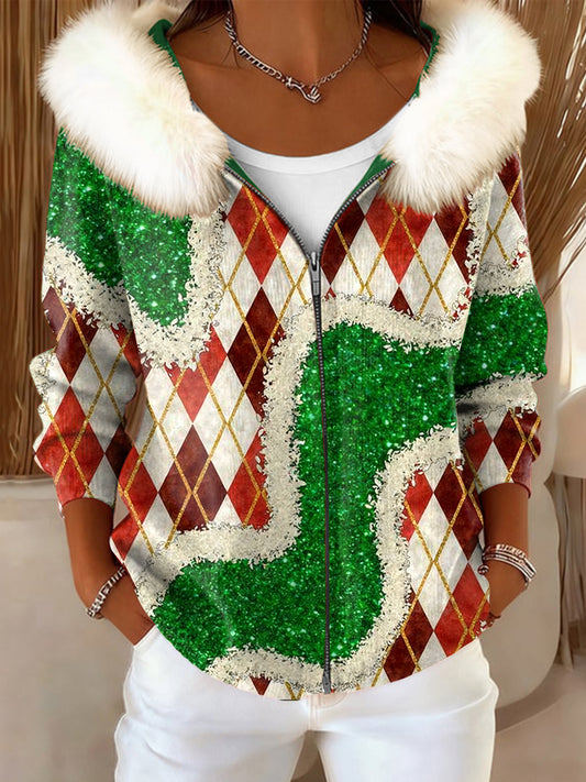 Women's Christmas Tartan Green Fur-Trimmed Hooded Jacket