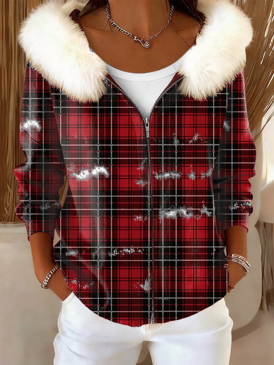 Women's Christmas Tartan Vintage Fur-Trimmed Hooded Jacket