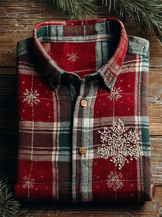 Men's Christmas  Snowflakes Colorblock Plaid  Shirt