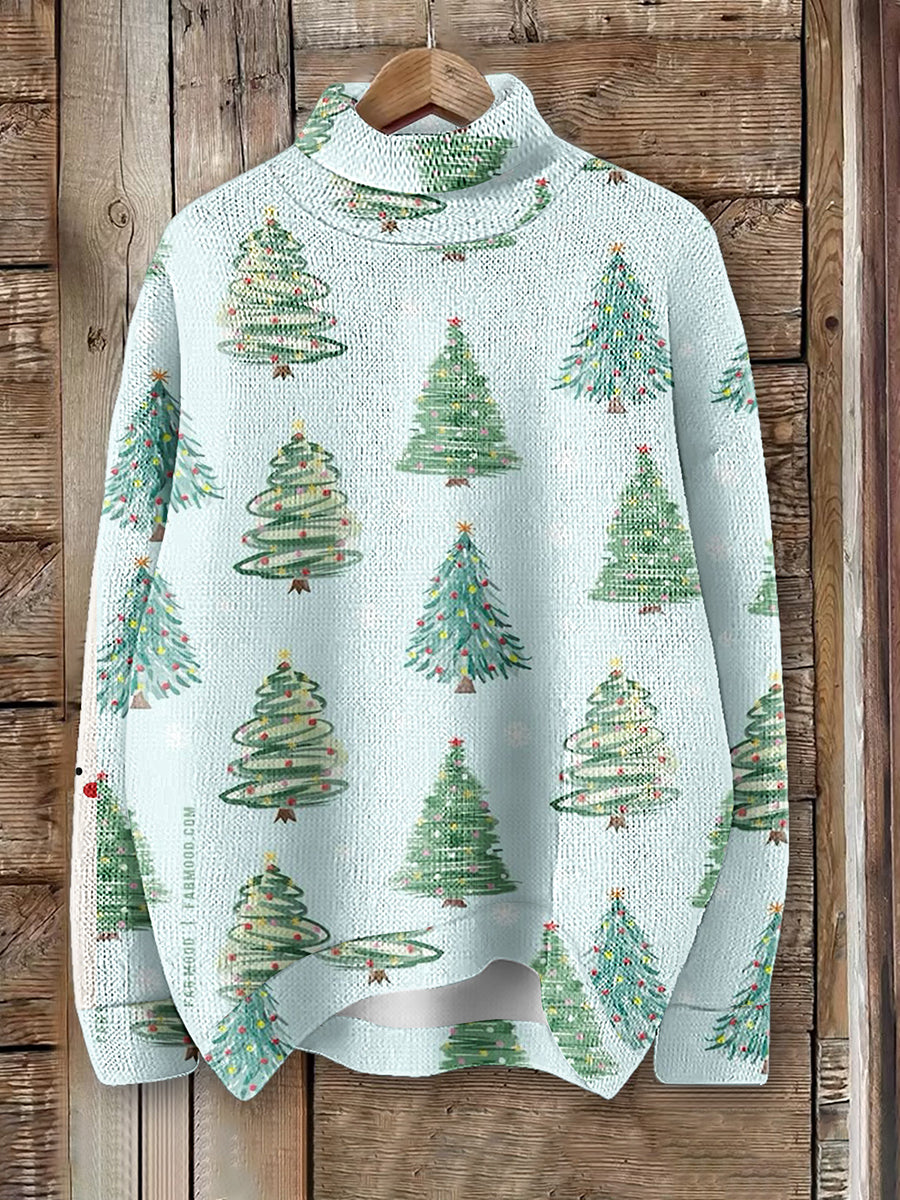 Women's Christmas Art Print Knit Turtleneck Pullover Sweater