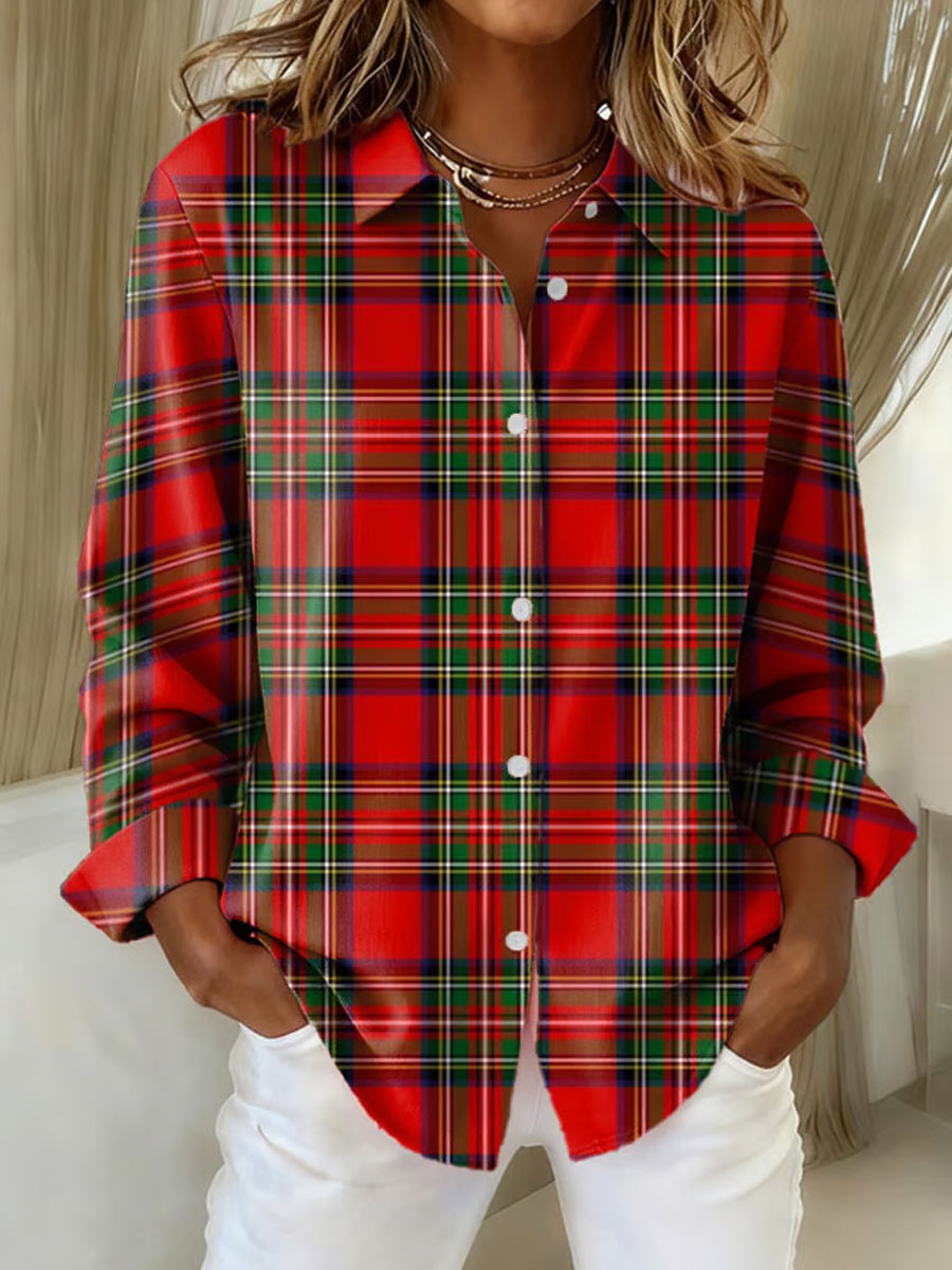 Women's Christmas Plaid Print Casual Long-Sleeve Shirt