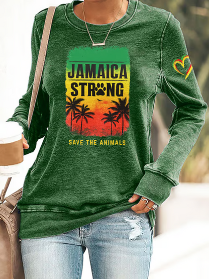 Women's Retro Jamaica Strong Save The Animals Reggae Red, Green, And Gold Print Sweatshirt