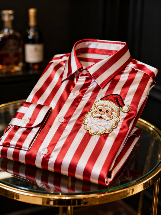 Christmas Vintage Striped Business Satin Long-Sleeve Shirt