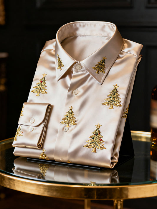 Vintage Christmas Tree Business Satin Long-Sleeve Shirt