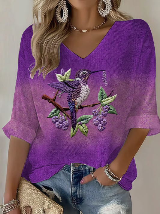 Women's Purple Gradient Hummingbird Floral Print Waffle T-shirt