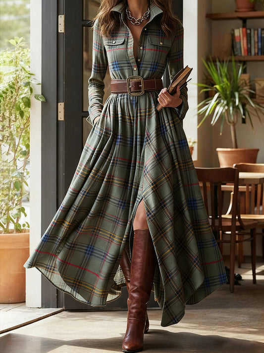 Women's Vintage Plaid Pattern Elegant Maxi Dress