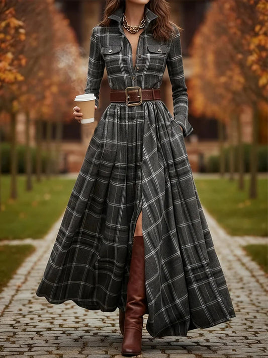 Women's Vintage Plaid Pattern Elegant Maxi Dress