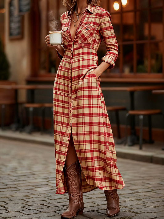 Women's Vintage Plaid Pattern Maxi Dress