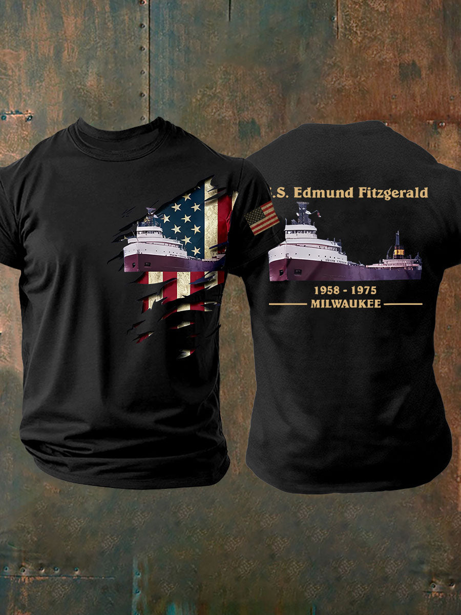 Men's SS Edmund Fitzgerald Shirt Milwaukee Great Lakes Ship Tribute Tee Patriotic American Flag Graphic Memorial Boat Wreck Vintage Shirt