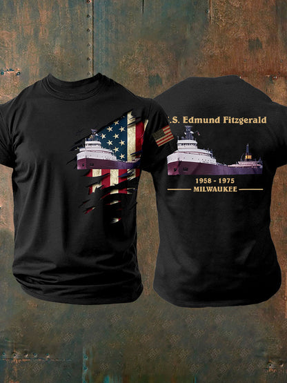 Men's SS Edmund Fitzgerald Shirt Milwaukee Great Lakes Ship Tribute Tee Patriotic American Flag Graphic Memorial Boat Wreck Vintage Shirt