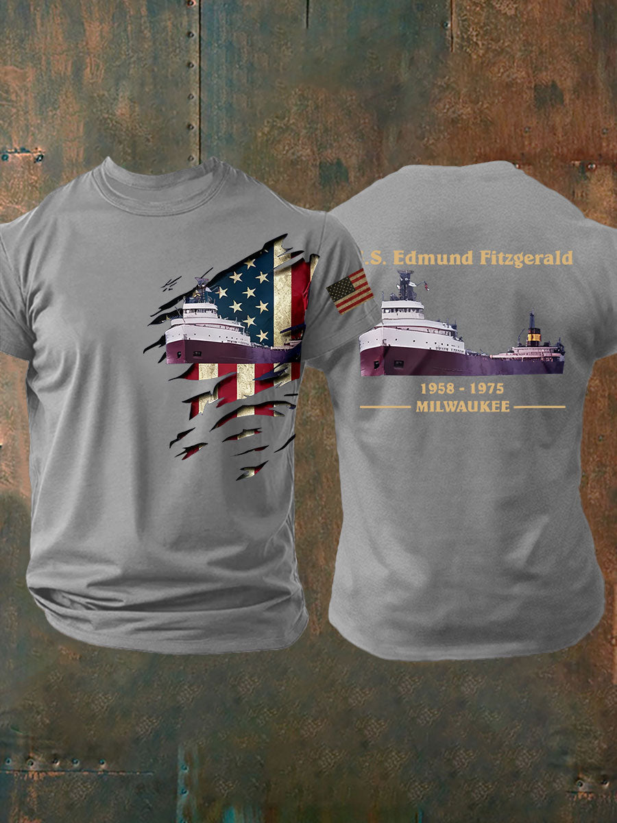 Men's SS Edmund Fitzgerald Shirt Milwaukee Great Lakes Ship Tribute Tee Patriotic American Flag Graphic Memorial Boat Wreck Vintage Shirt