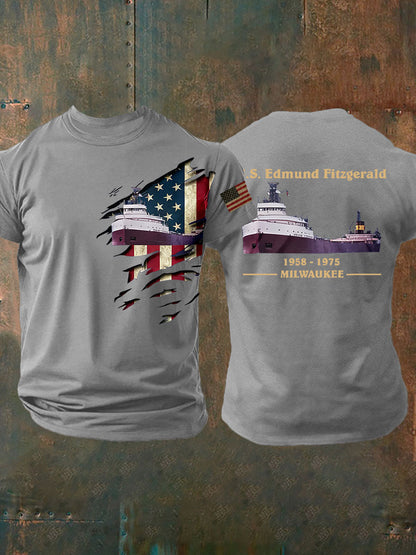 Men's SS Edmund Fitzgerald Shirt Milwaukee Great Lakes Ship Tribute Tee Patriotic American Flag Graphic Memorial Boat Wreck Vintage Shirt